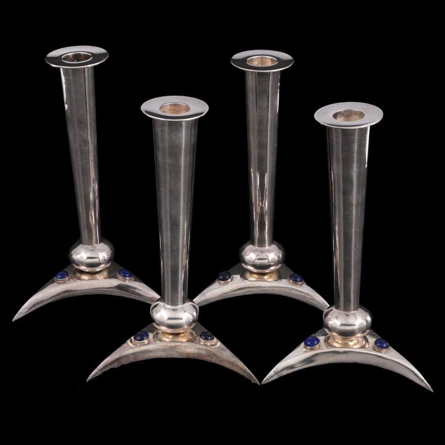 Silver Plate Candlesticks with Blue Glass Embellishments, Mid-20th Century