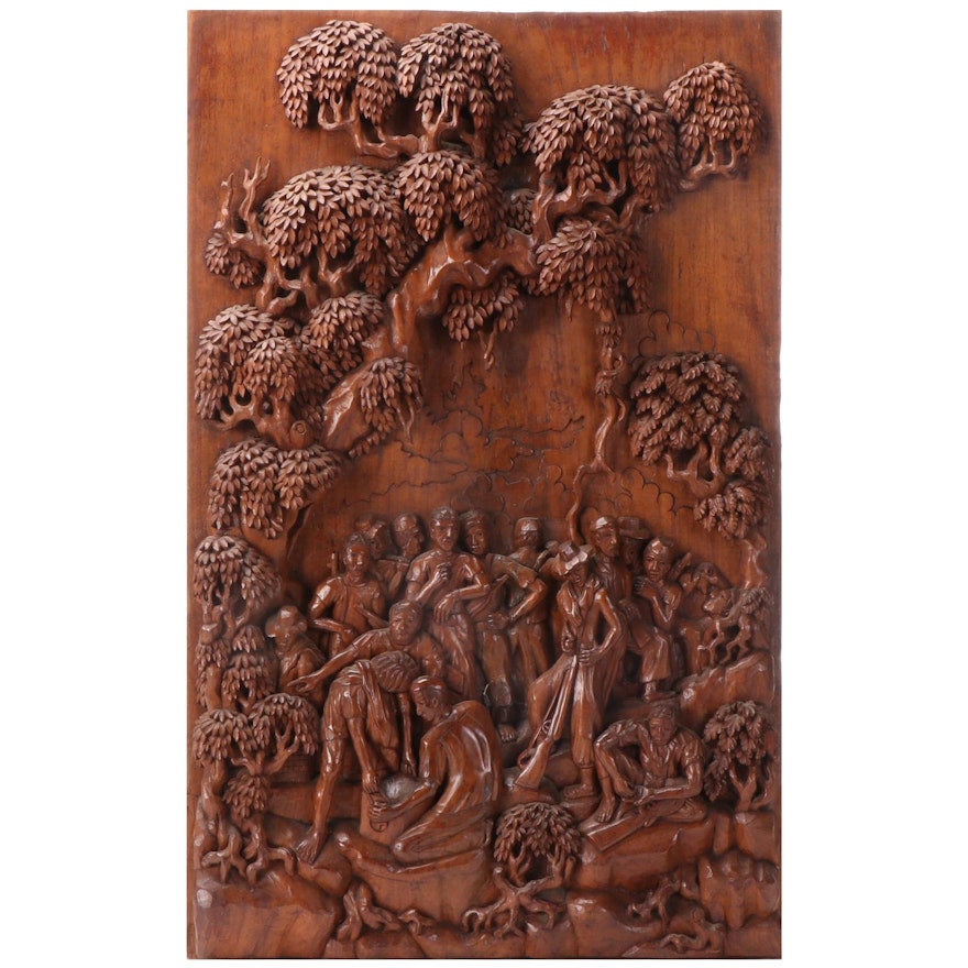 Narrative Carved Wood Sculptural Relief, Mid-Late 20th Century