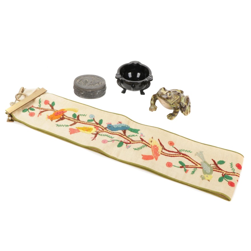 McCoy Frog, Black Milk Glass Ashtray, Trinket Box and Bell Pull