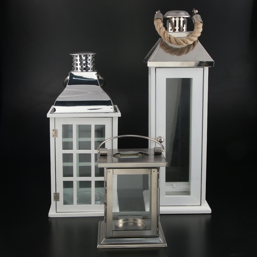 Contemporary Farmhouse Style Wood and Metal Candle Lanterns