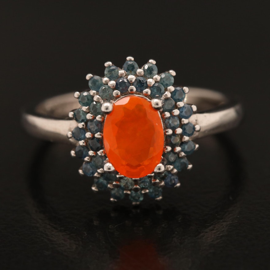 Sterling Fire Opal and Sapphire Ring