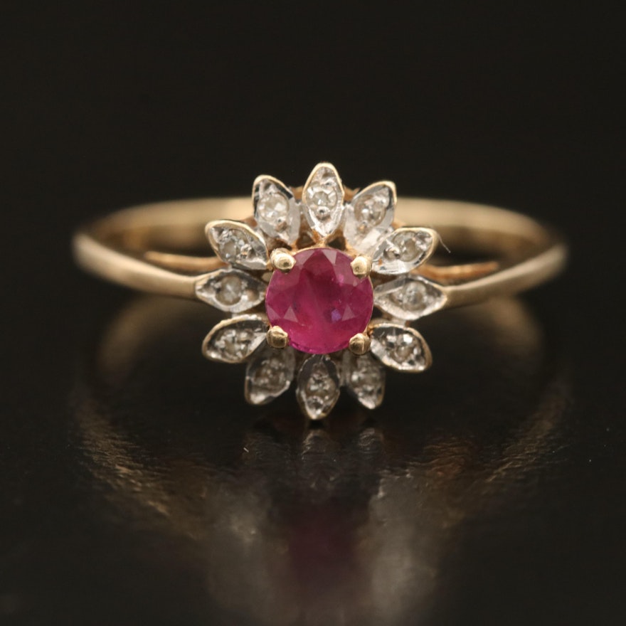 14K Ruby and Diamond Flower Ring