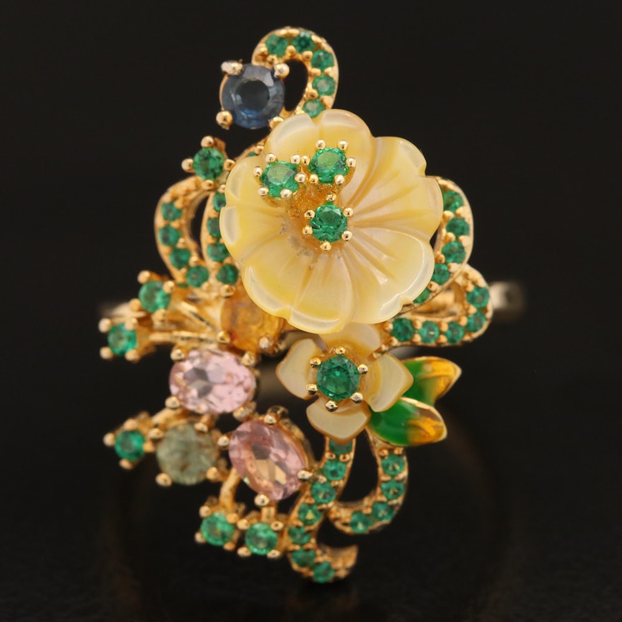 Sterling Flower Ring Including Sapphire, Tourmaline and Mother of Pearl
