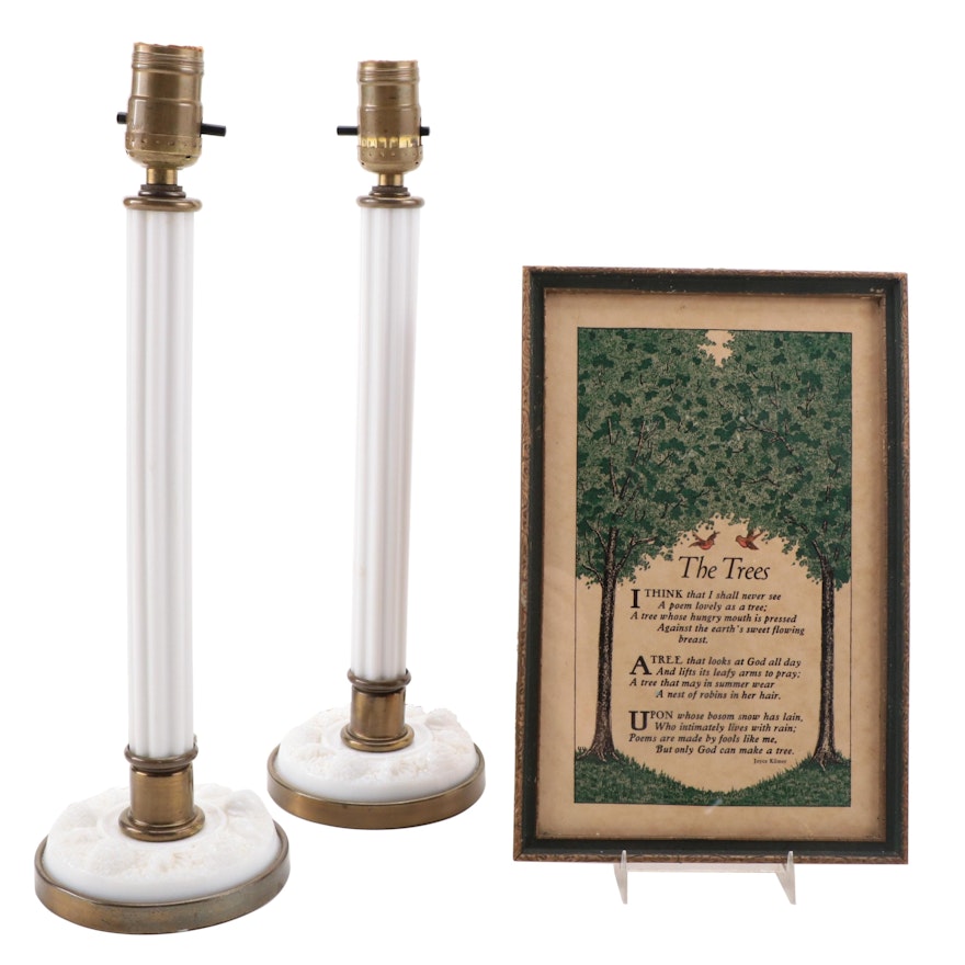 Pair of Milk Glass Column Table Lamps with Framed Poem "The Trees" Wall Hanging