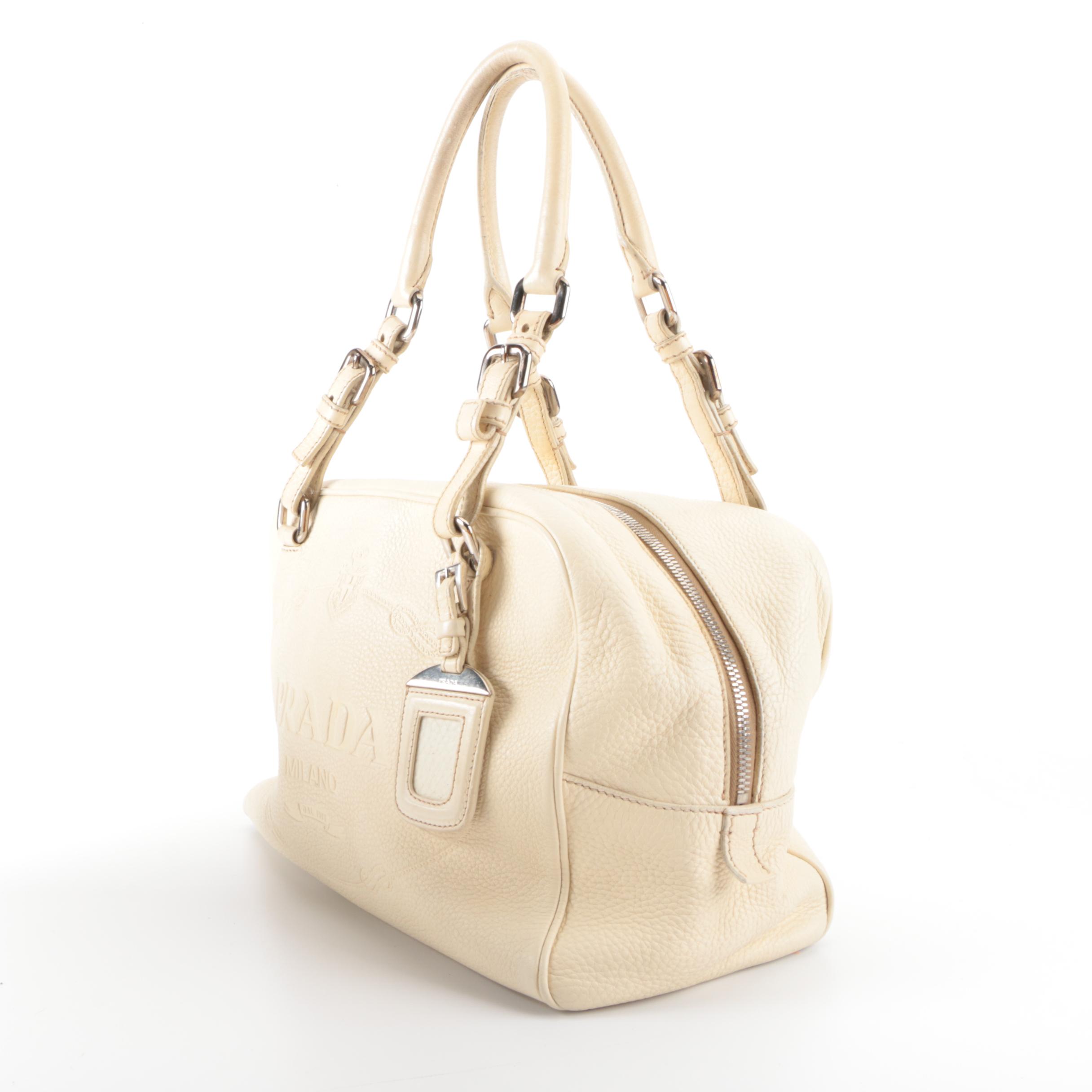 Prada Boston Shoulder Bag in Off-White Deerskin Leather with Embossed Logo