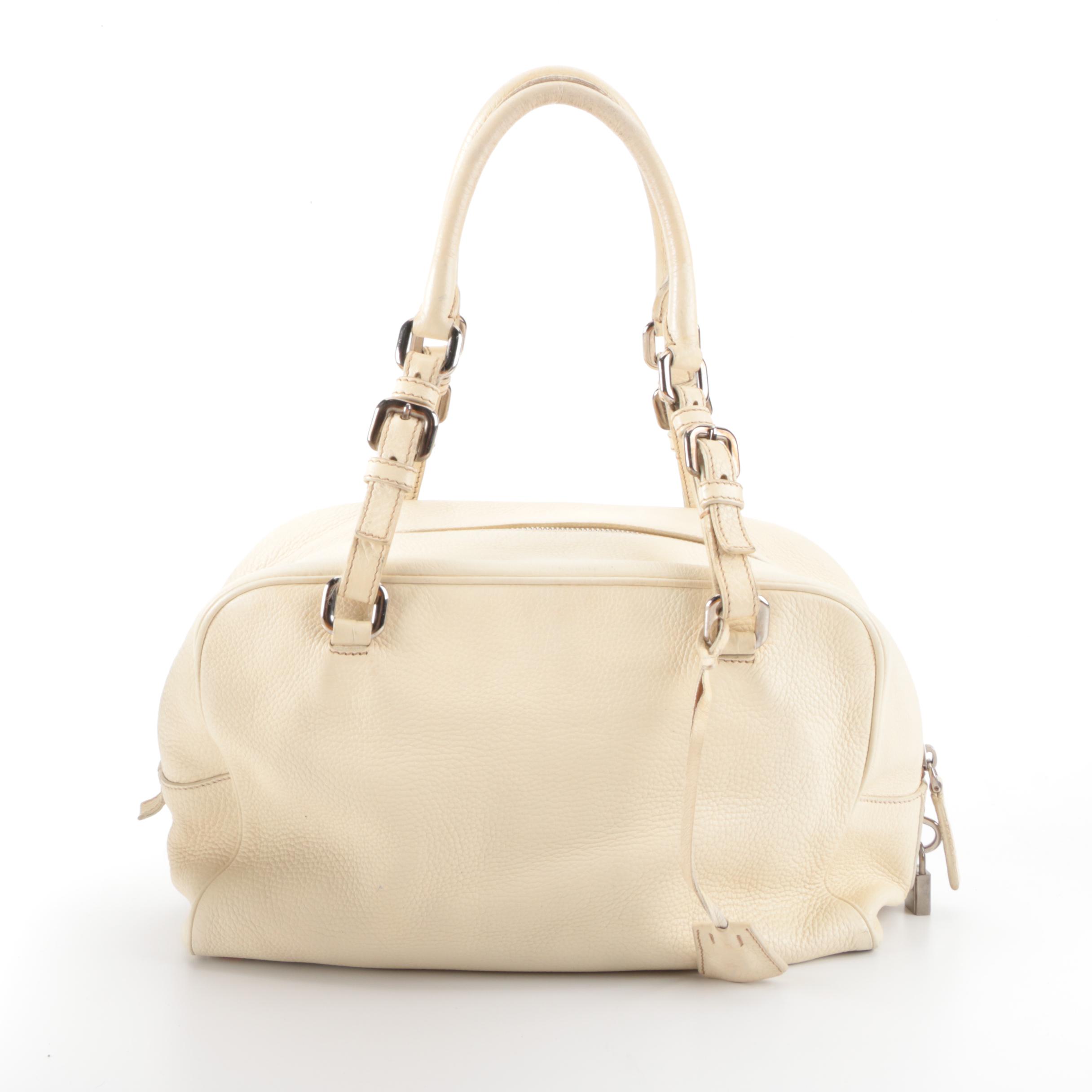 Prada Boston Shoulder Bag in Off-White Deerskin Leather with Embossed Logo