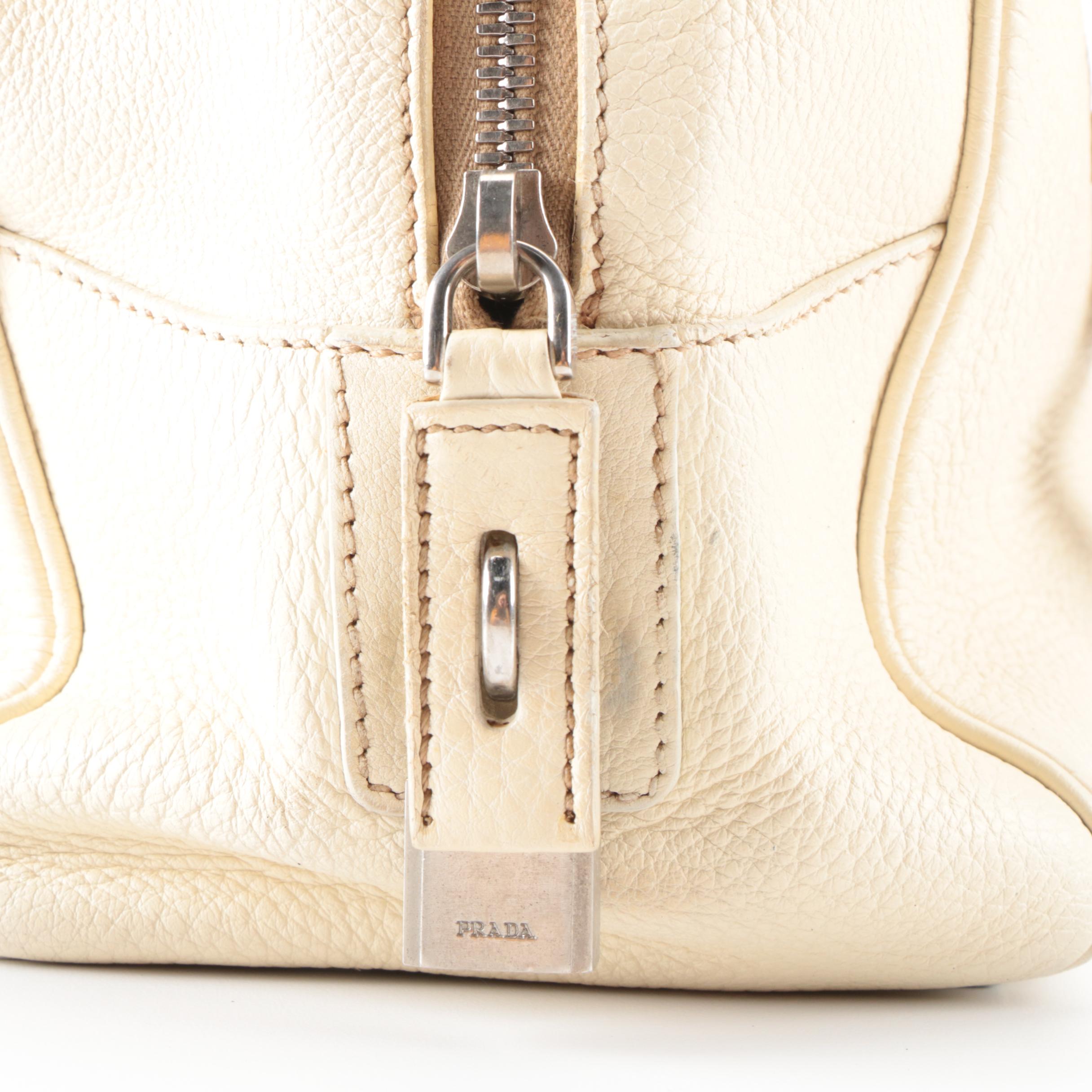Prada Boston Shoulder Bag in Off-White Deerskin Leather with Embossed Logo