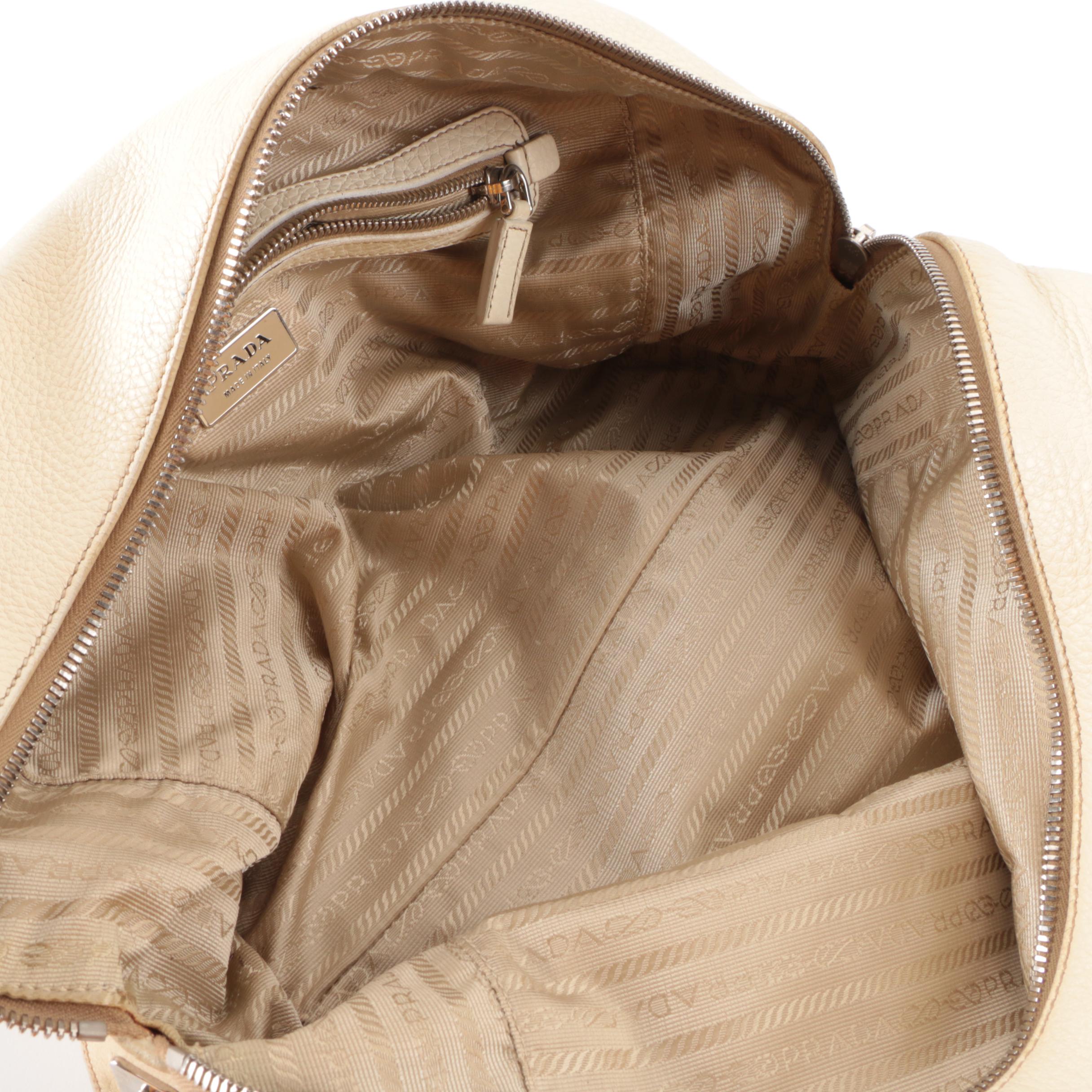 Prada Boston Shoulder Bag in Off-White Deerskin Leather with Embossed Logo