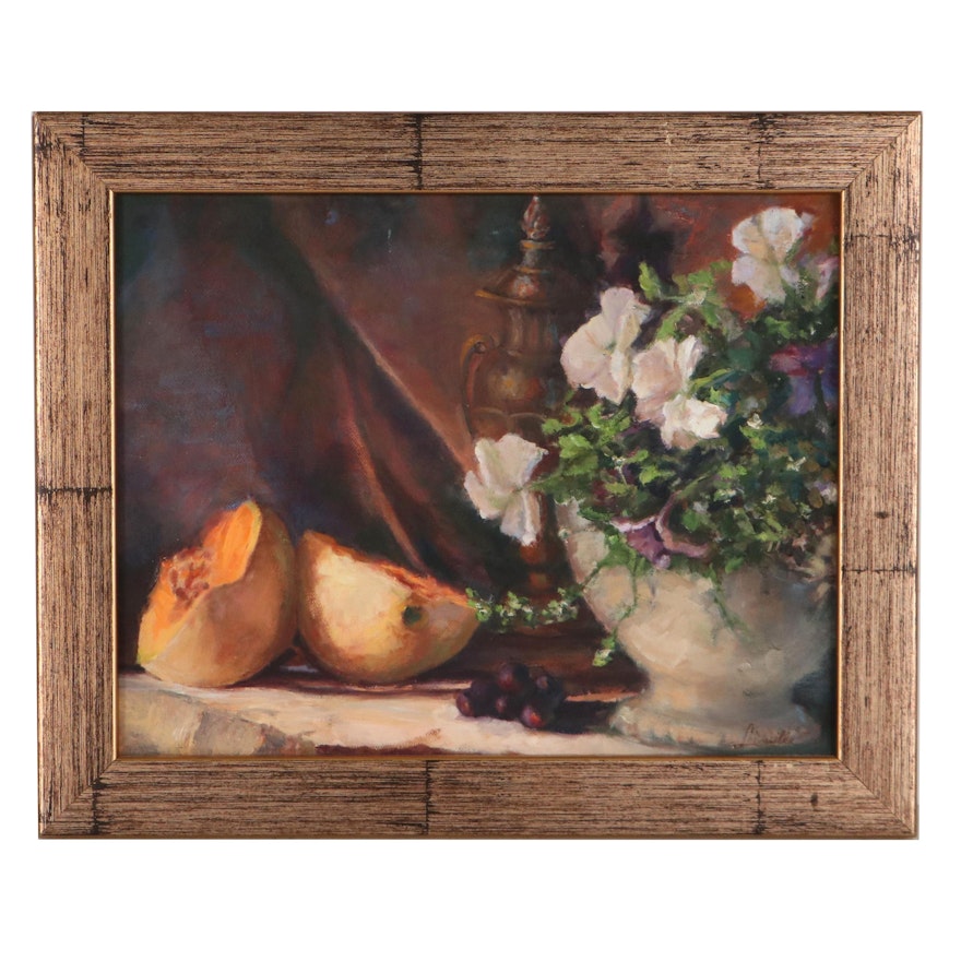 Still Life Oil Painting of Fruit and Flowers, Circa 2000