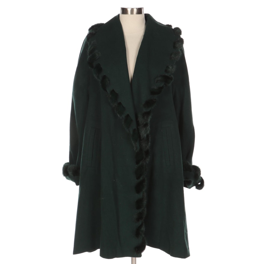 Linda Richards Dark Green Wool Coat with Mink Fur Whipstitch Detailing