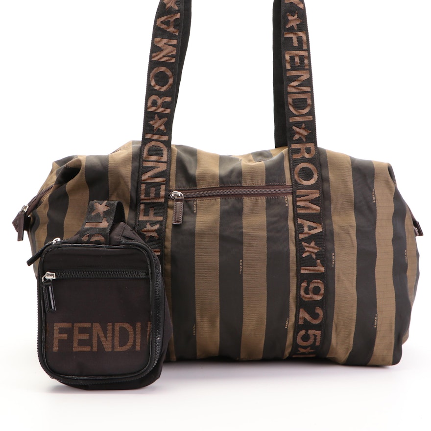 Fendi Duffel Bag in Pequin Stripe with "Fendi Roma 1925" Web and Toiletry Pouch