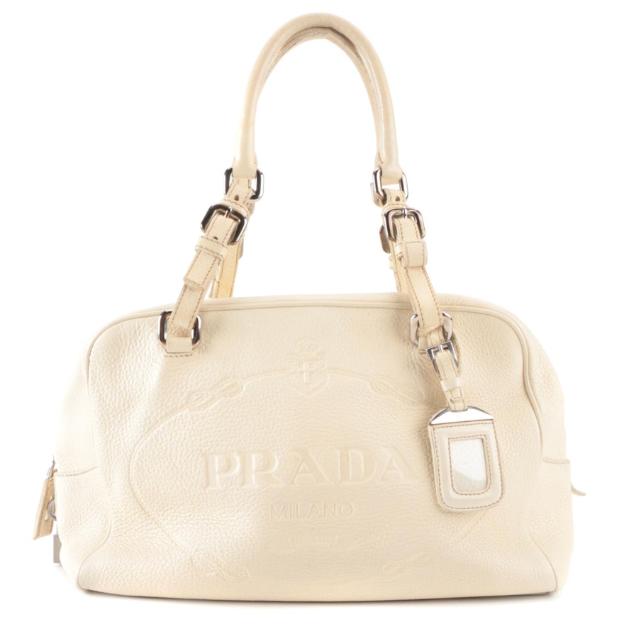 Prada Boston Shoulder Bag in Off-White Deerskin Leather with Embossed Logo