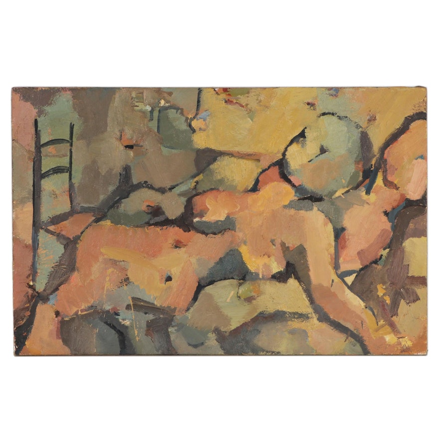 Expressionist Style Oil Painting of Nude, Mid to Late 20th Century