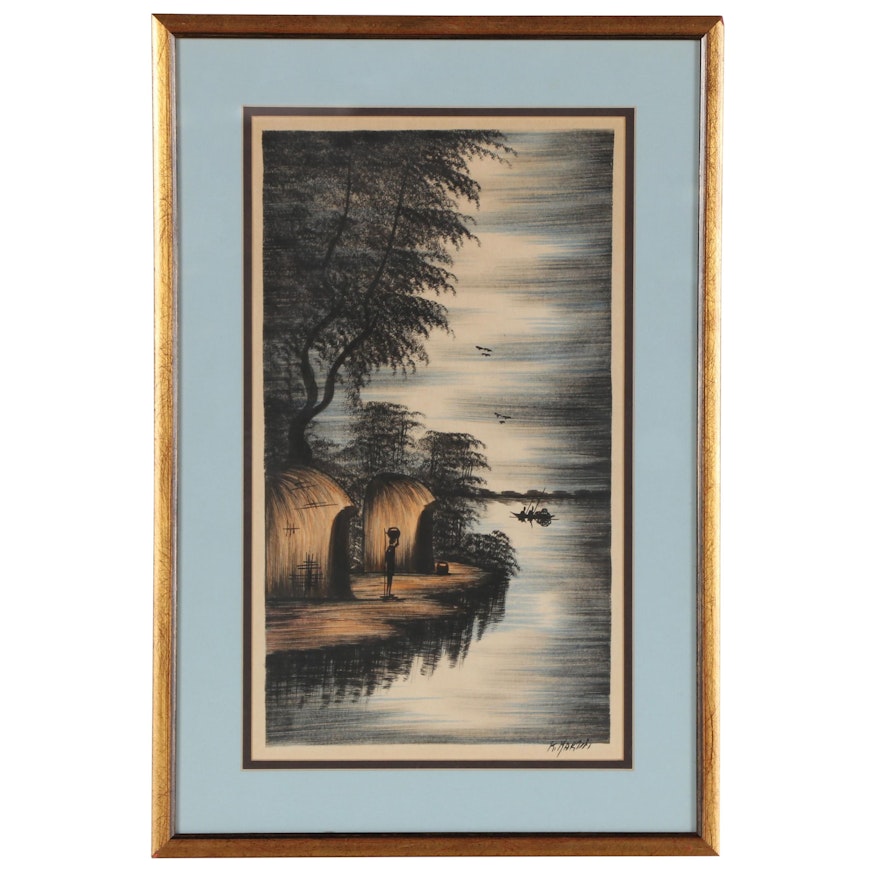 Coastal Landscape Lithograph, Late 20th Century