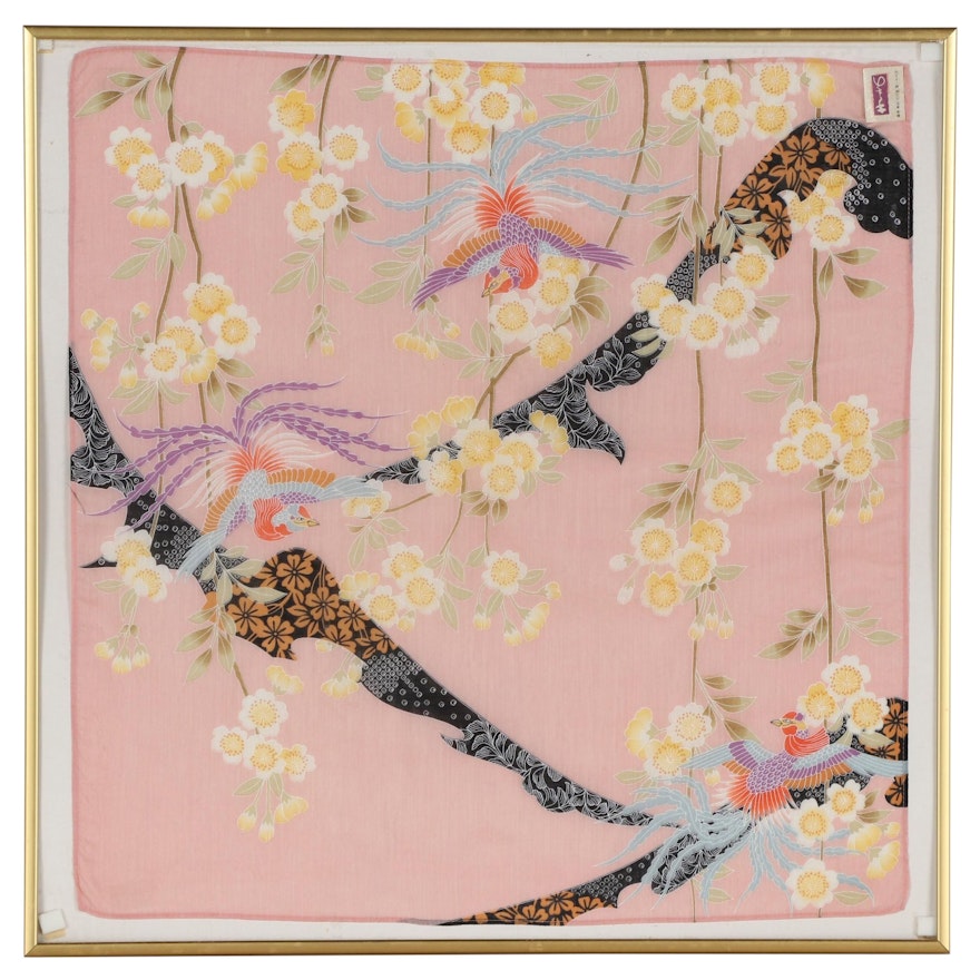 Japanese Printed Silk Scarf Wall Hanging, Late 20th Century