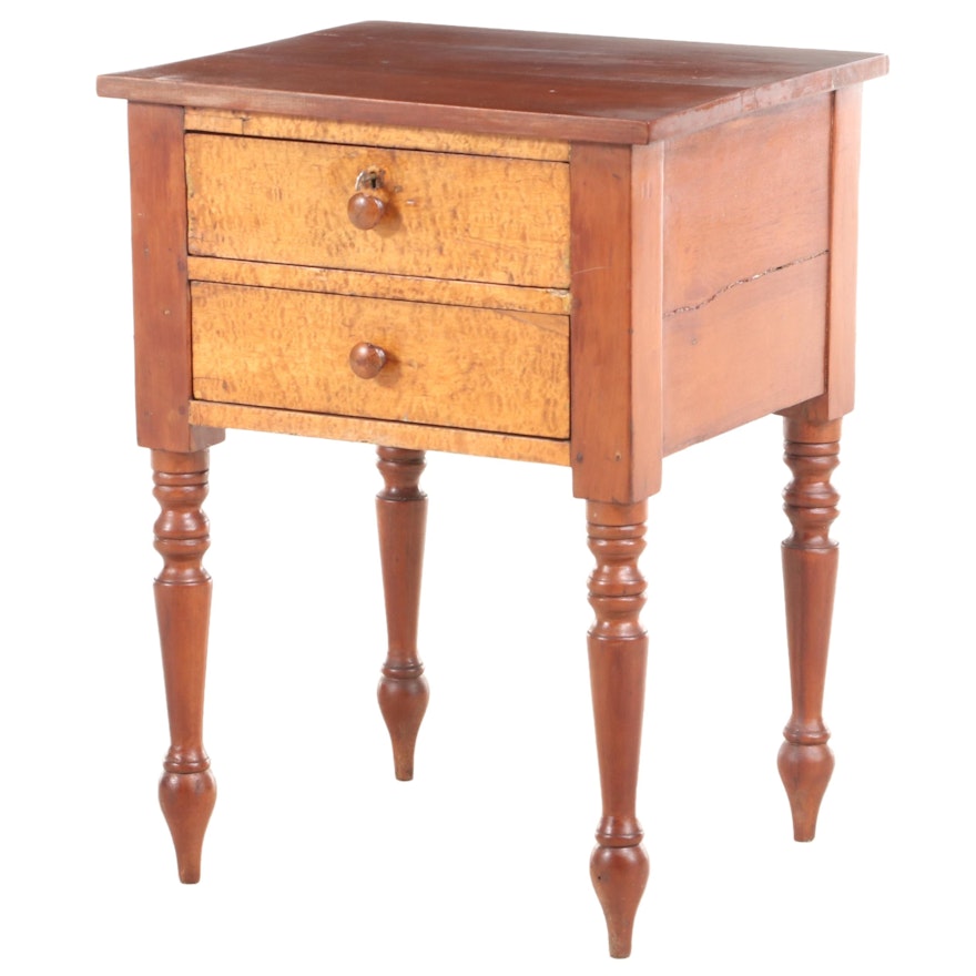 American Primitive Cherrywood and Bird's-Eye Maple Side Table, 19th Century