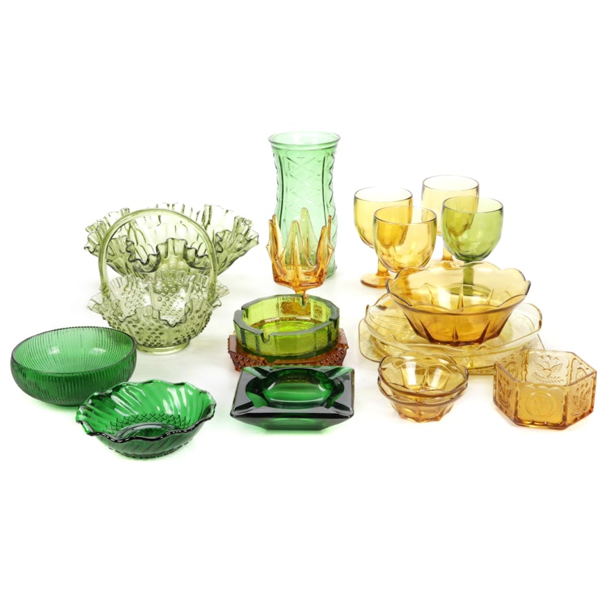 Amber and Green Glass Vase, Bowls and Other Decor, Vintage