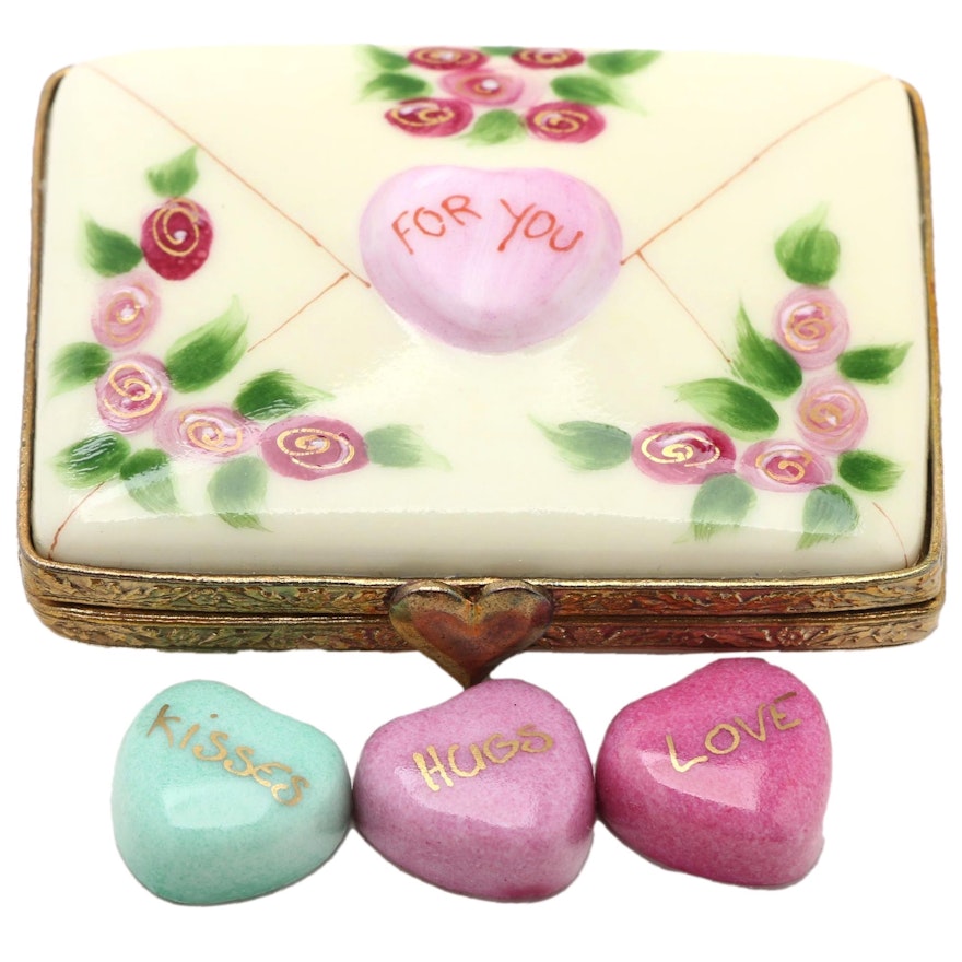Rochard Hand-Painted Porcelain Valentine Limoges Box with Hearts