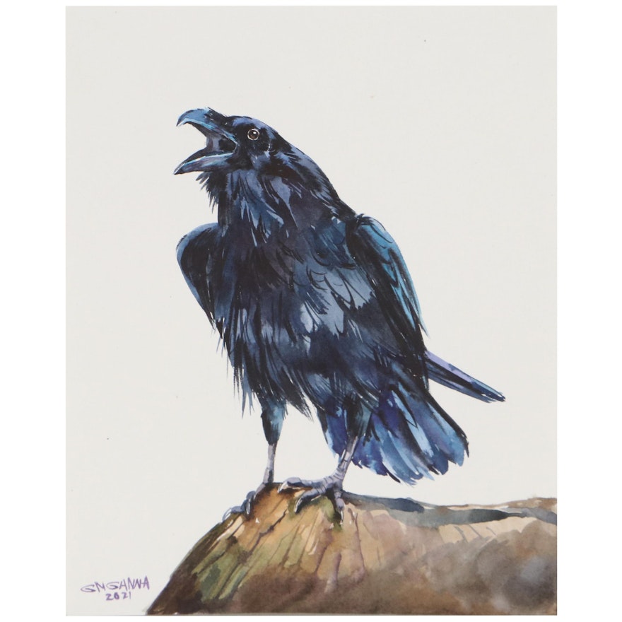 Ganna Melnychenko Watercolor Painting "Black Raven Cawing"