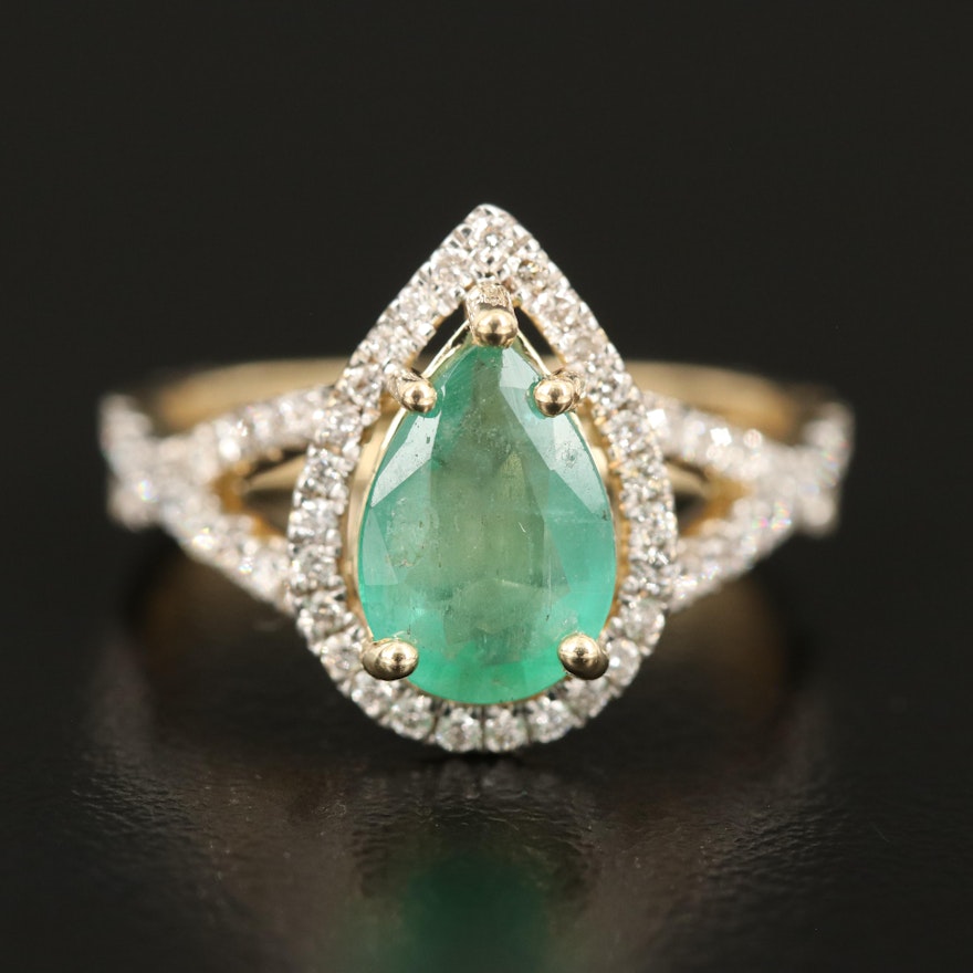 14K Emerald and Diamond Ring with Twisted Shoulders