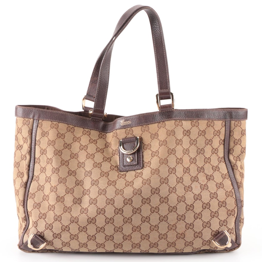 Gucci Abbey D Ring Tote in GG Canvas with Brown Leather Trim