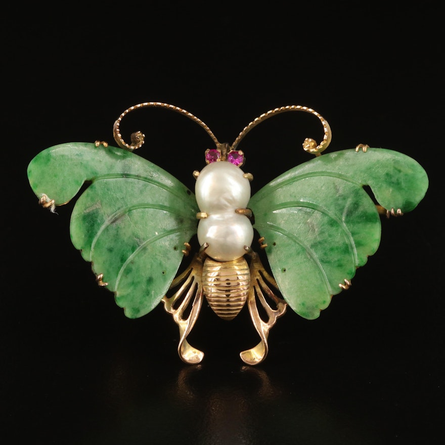 14K Jadeite and Pearl Butterfly Converter Brooch with Ruby Eyes