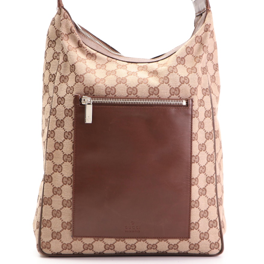 Gucci GG Canvas and Brown Leather Front Pocket Shoulder Bag