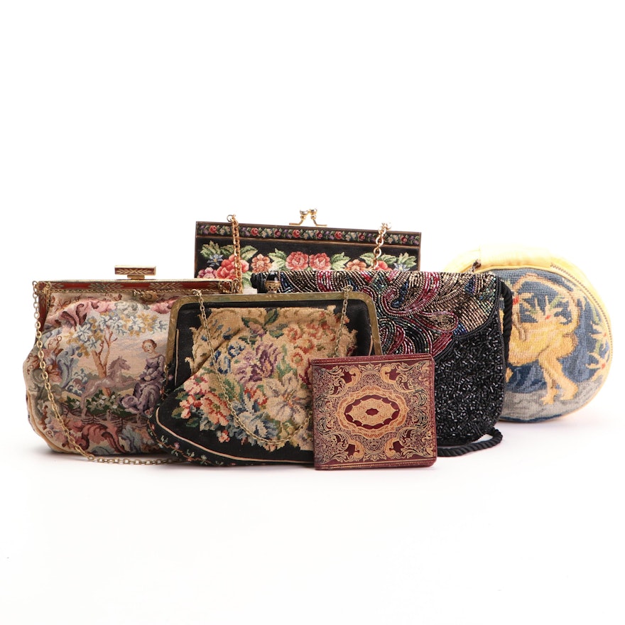 Petit Point and Beaded Evening Bags, Needlepoint Jewelry Pouch and Tooled Wallet