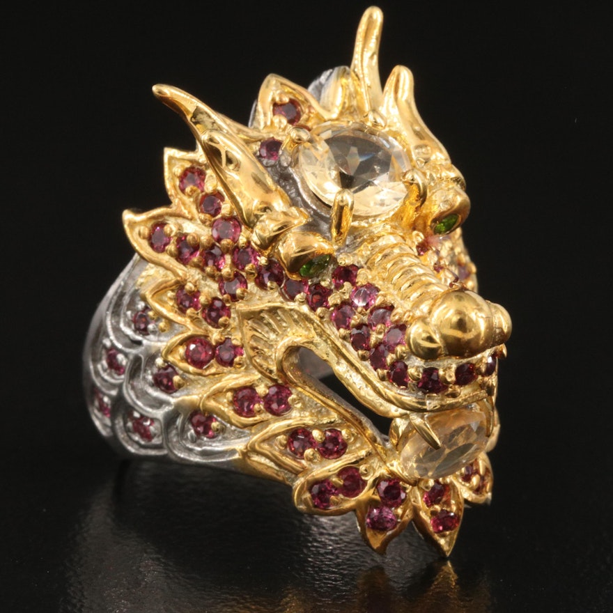 Asian Style Sterling Silver Citrine, Garnet and Diopside Dragon Ring