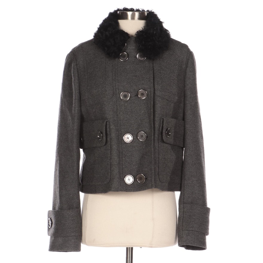 Burberry Cropped Jacket in Wool-Cashmere with Detachable Sheepskin Collar