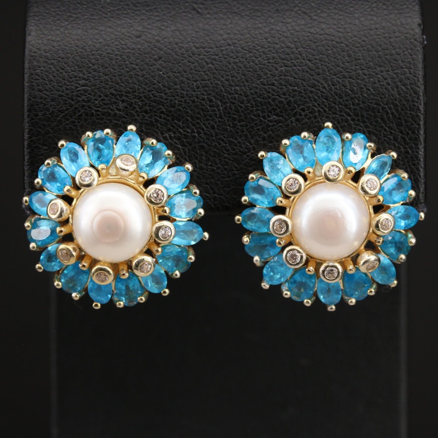 Sterling Pearl, Apatite and Cubic Zirconia Earrings