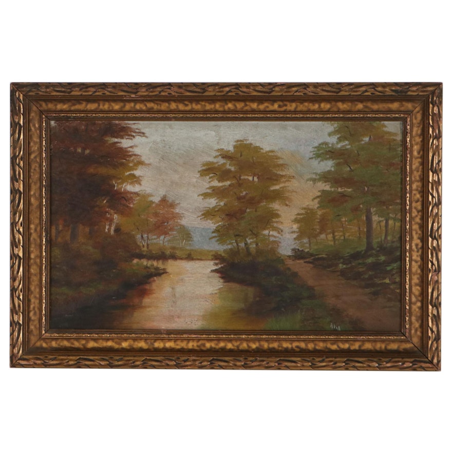 River Landscape Oil Painting, Early 20th Century