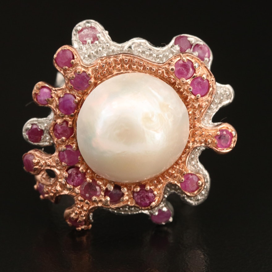 Sterling Biomorphic Ring with Pearl and Corundum