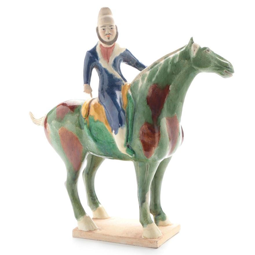 Chinese Tang Style Earthenware Rider on Horseback Figurine