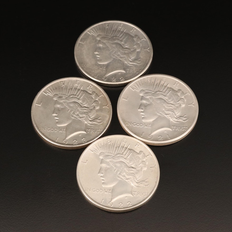 Four Peace Silver Dollars, Including Key Date 1921
