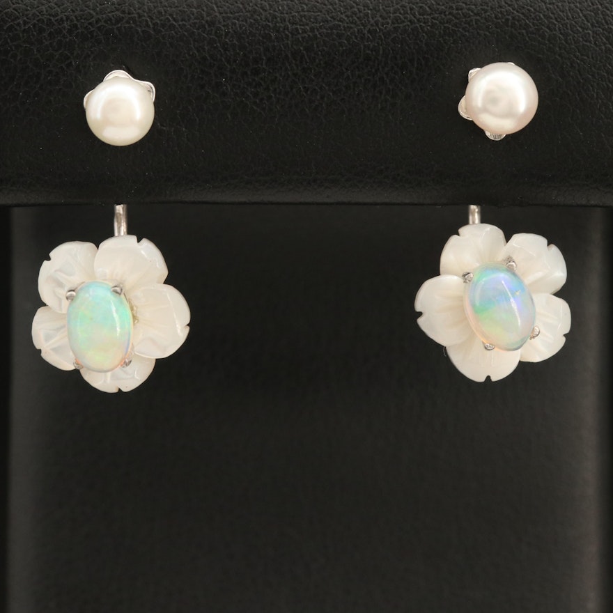Sterling Pearl Stud Earrings with Opal and Mother of Pearl Flower Enhancer