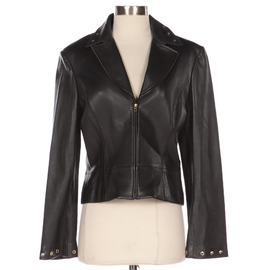 St. John Collection Black Leather Jacket with Grommet Detailing