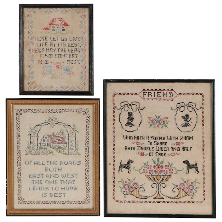 Handmade Cross-Stitch Needlework Panels in Frames, Mid to Late 20th Century