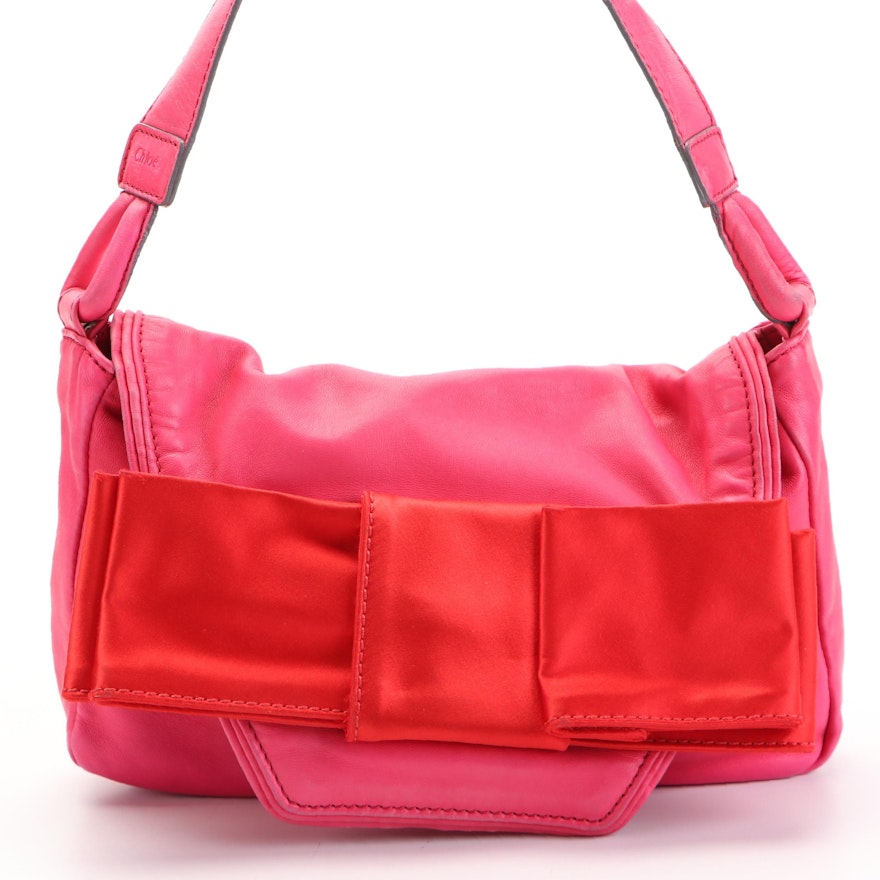 Chloé Flap Front Shoulder Bag in Pink Leather with Oversized Flat Bow