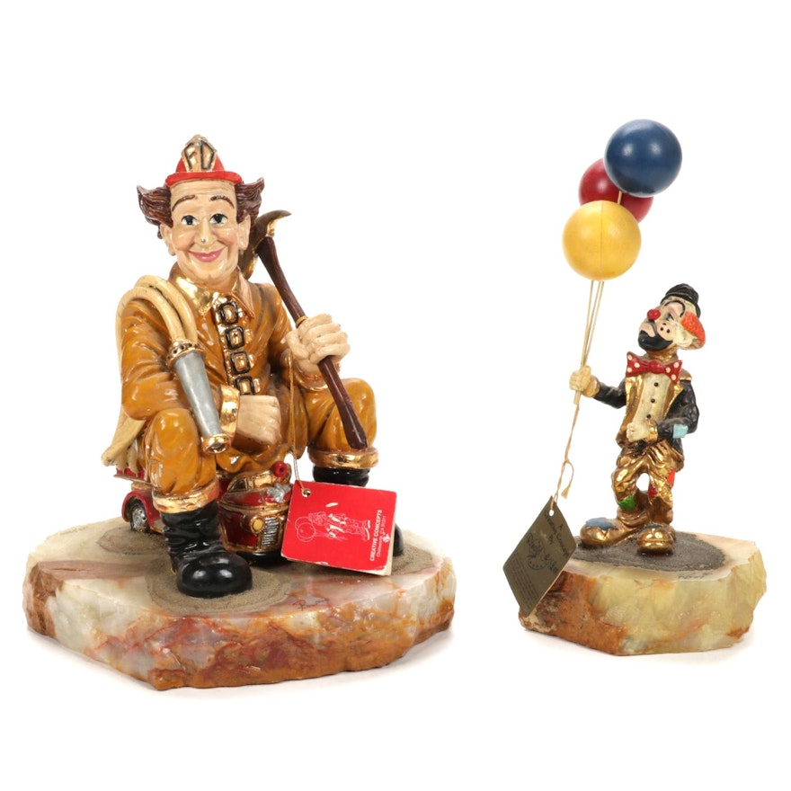 Ron Lee Fireman and Clown Figurines on Stone Bases