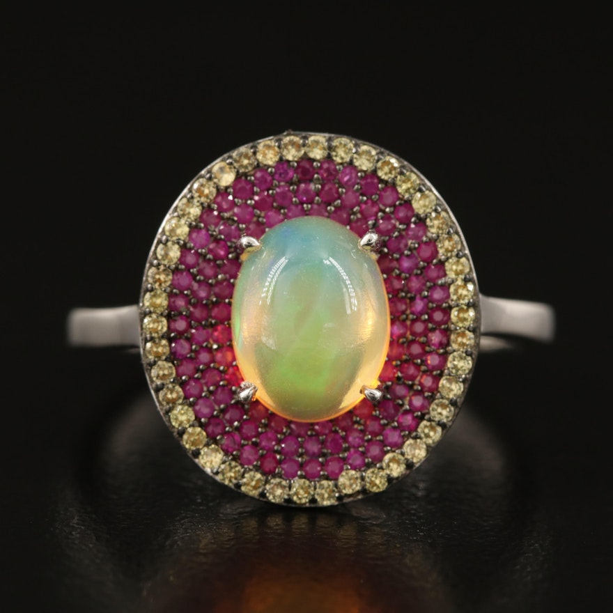 Sterling Opal, Ruby and Sapphire Triple Halo Ring