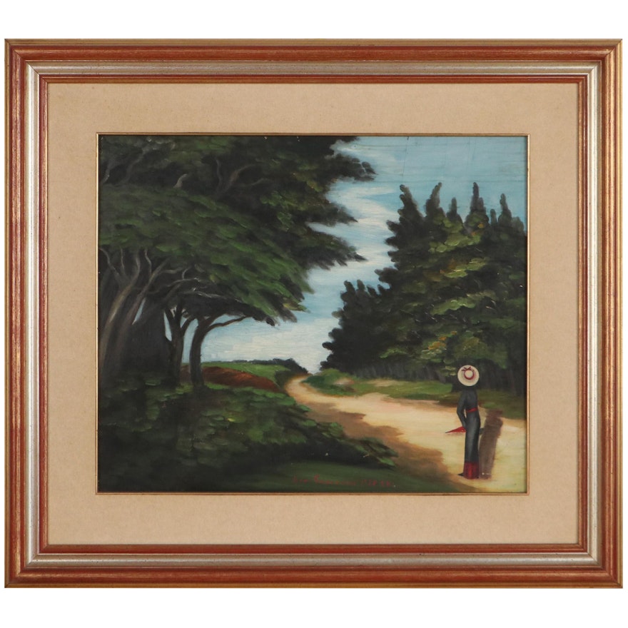 Landscape Oil Painting of Woman on Country Road, 1938