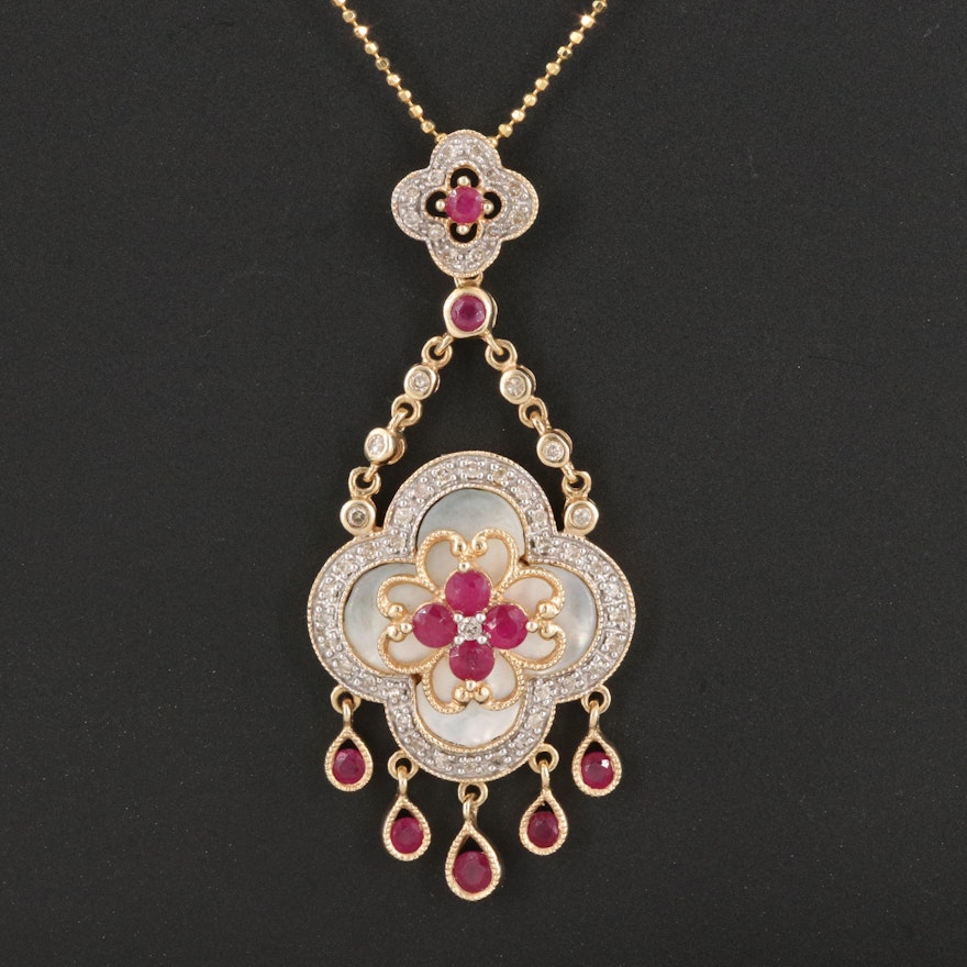 14K Diamond, Ruby and Mother of Pearl Quatrefoil Pendant Necklace