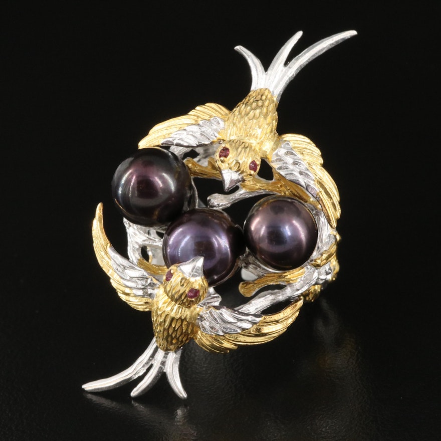 Sterling Pearl and Garnet Swallows with Nest Ring