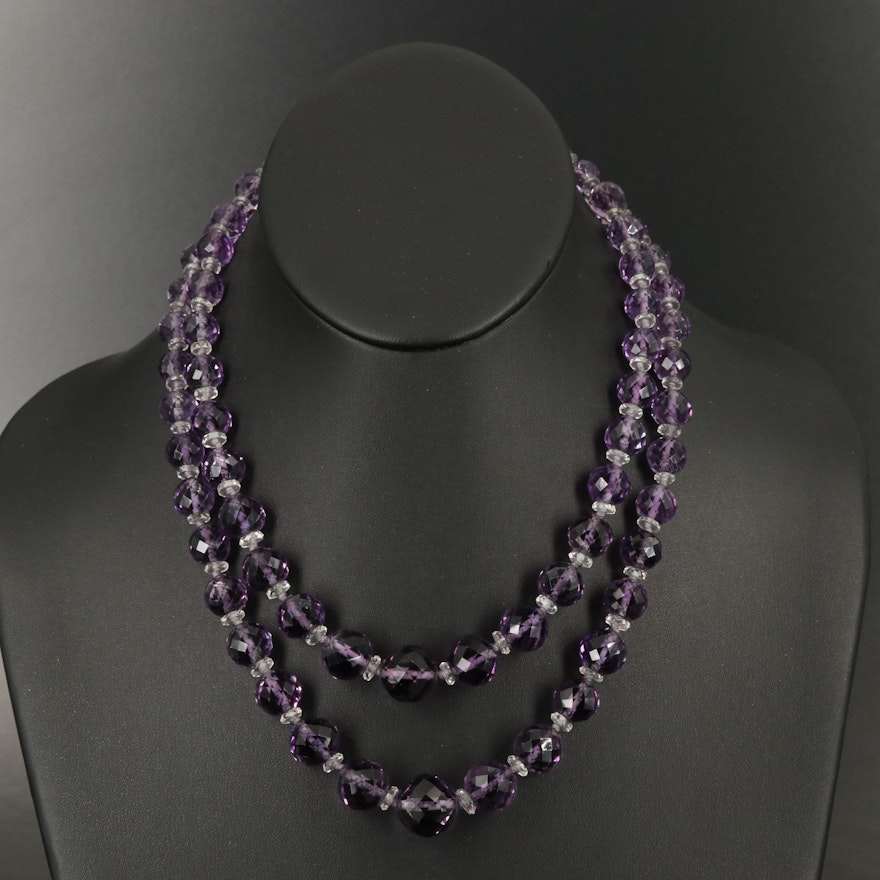 Amethyst and Rock Crystal Quartz Graduated Double Strand Necklace with 10K Clasp