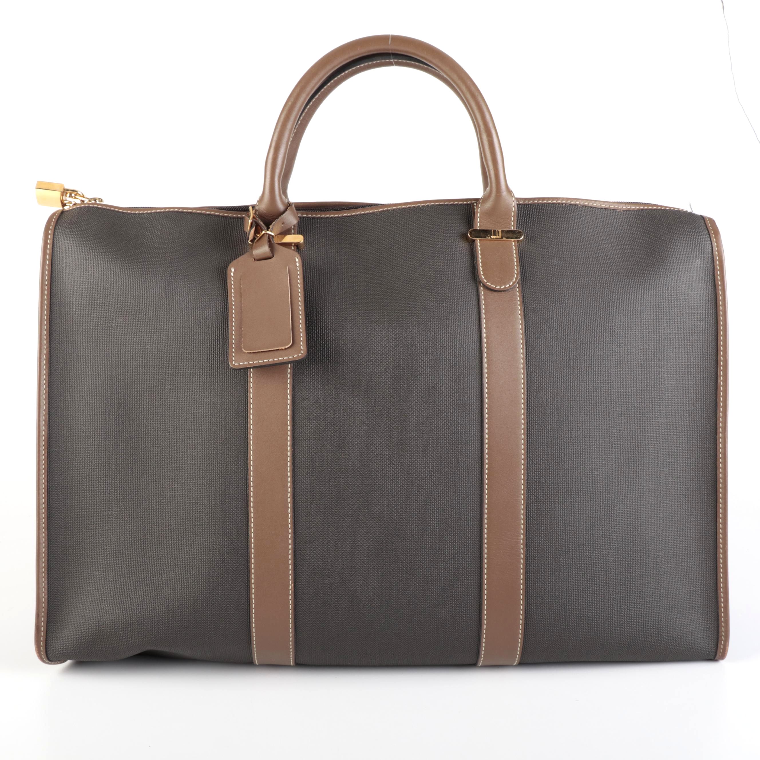 Dunhill Tall Travel Bag in in Herringbone Coated Canvas and Brown Leather