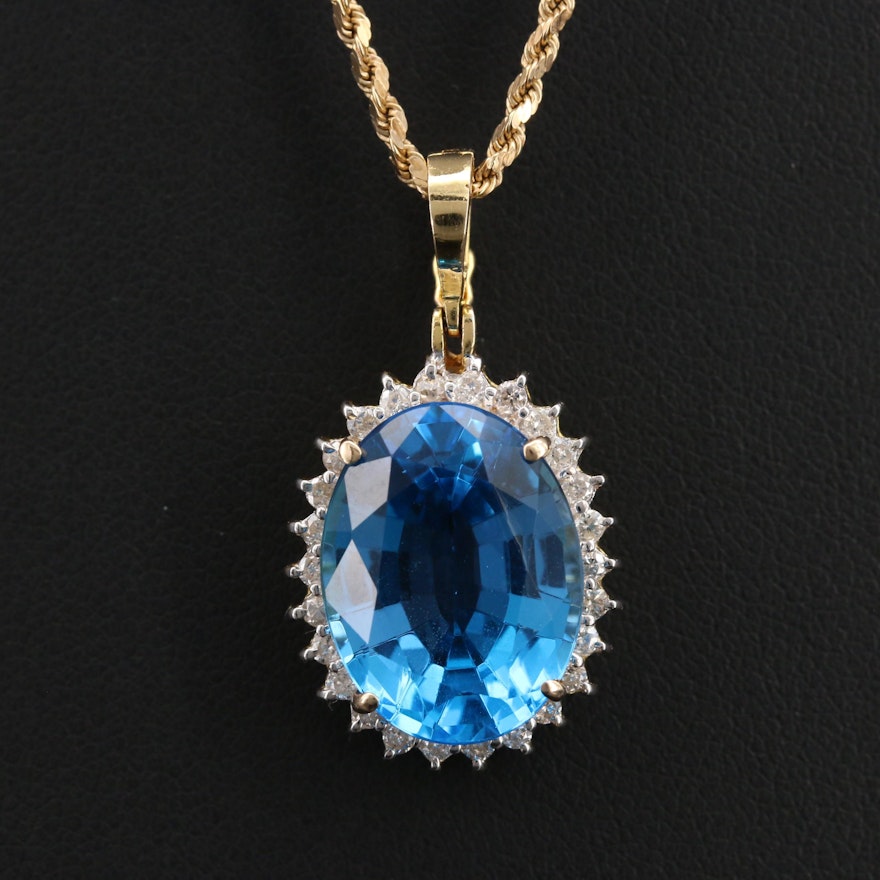 14K Swiss Blue Topaz and Diamond Enhancer Pendant Necklace