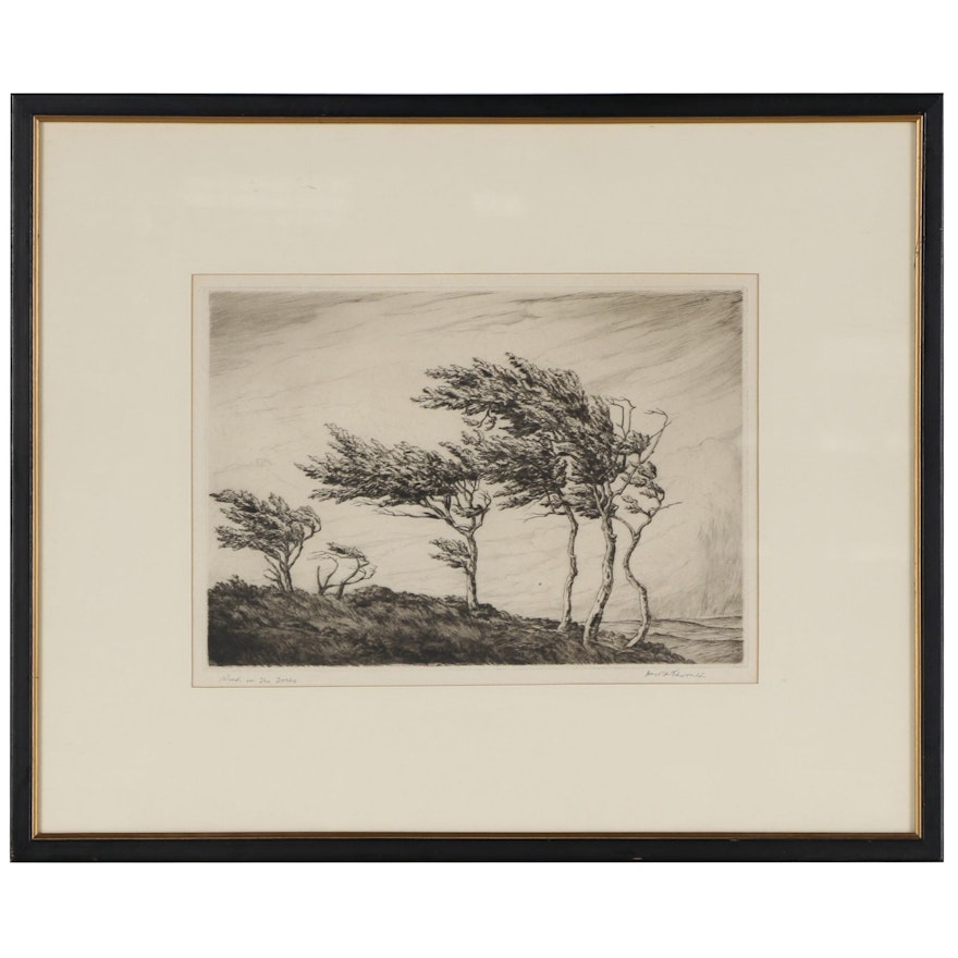 Harold Thornton Landscape Etching "Wind in the Trees," Mid-20th Century