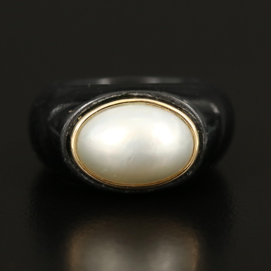 14K Jadeite and Pearl East-West Hololith Ring