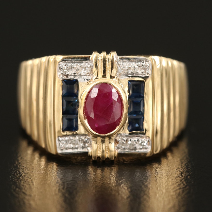 18K Ruby, Sapphire and Diamond Ring with Fluted Shoulders